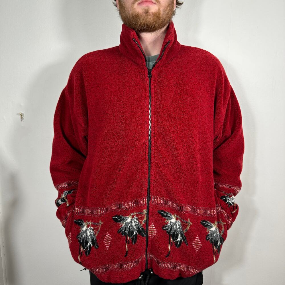 Vintage Obvious USA Made Fleece Jacket Large Red Full‎ Zip Bird Pattern